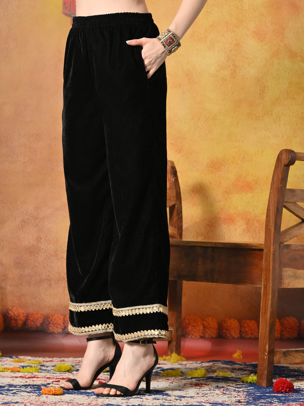Myshka Women Black Velvet Shirt Embroidered Full Sleeves with Flared Trouser | Grocsy