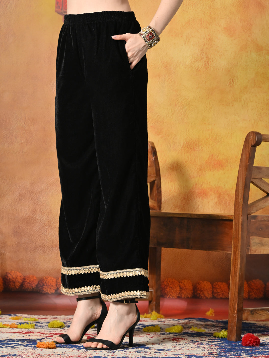 Myshka Women Black Velvet Shirt Embroidered Full Sleeves with Flared Trouser | Grocsy