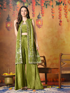 Myshka Women Green Viscose Strap Crop Top Sleeveless Jacket with Flared Trouser | Grocsy