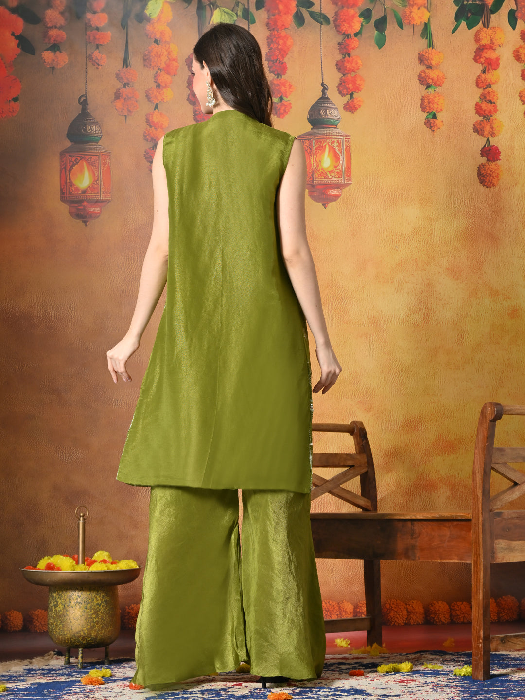 Myshka Women Green Viscose Strap Crop Top Sleeveless Jacket with Flared Trouser | Grocsy