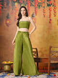 Myshka Women Green Viscose Strap Crop Top Sleeveless Jacket with Flared Trouser | Grocsy