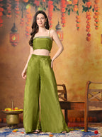 Myshka Women Green Viscose Strap Crop Top Sleeveless Jacket with Flared Trouser | Grocsy