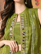 Myshka Women Green Viscose Strap Crop Top Sleeveless Jacket with Flared Trouser | Grocsy