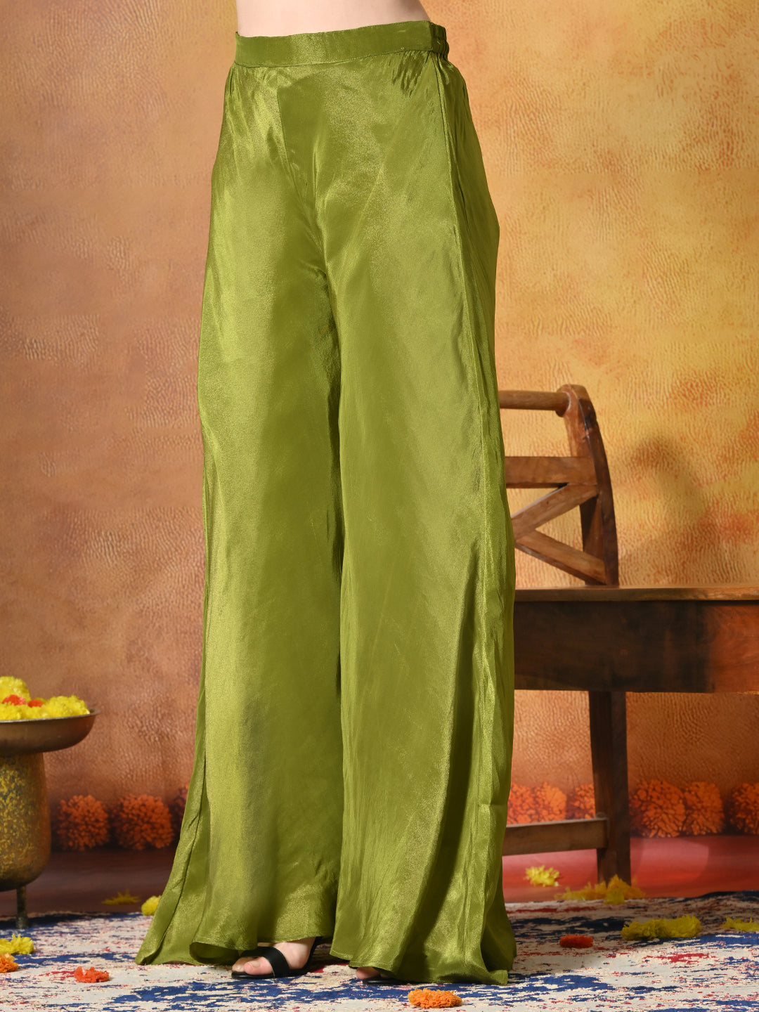 Myshka Women Green Viscose Strap Crop Top Sleeveless Jacket with Flared Trouser | Grocsy