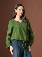 Myshka Women Pure Cotton Top Puffed Full Sleeves Schiffli Pattern Embroidered Waist Tie-up Style | Grocsy