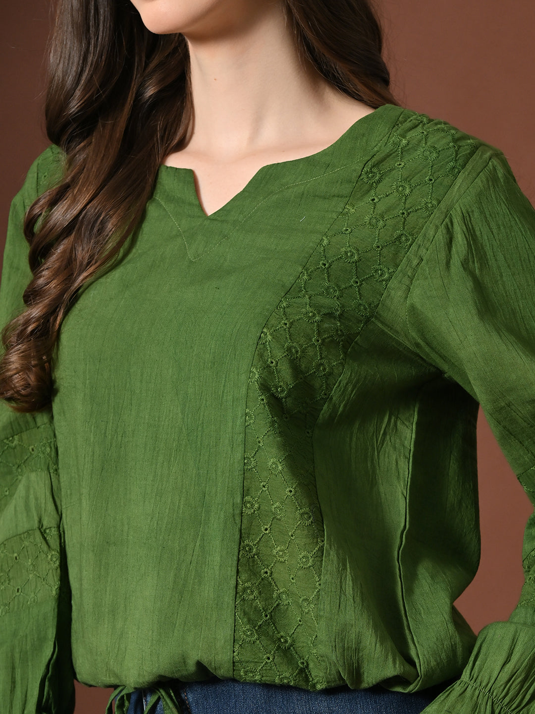 Myshka Women Pure Cotton Top Puffed Full Sleeves Schiffli Pattern Embroidered Waist Tie-up Style | Grocsy