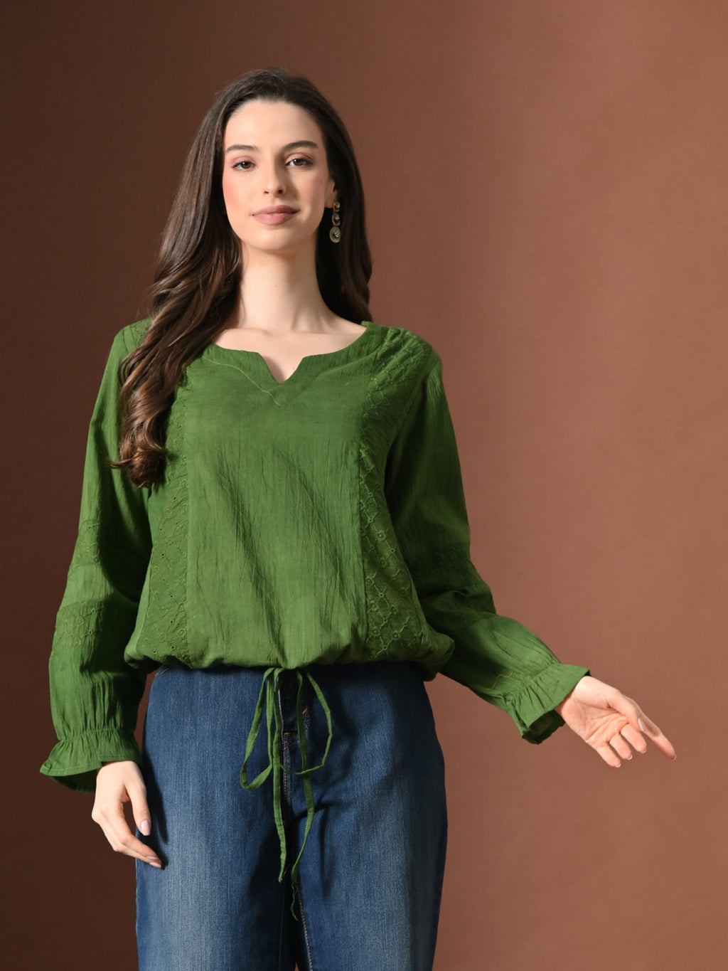 Myshka Women Pure Cotton Top Puffed Full Sleeves Schiffli Pattern Embroidered Waist Tie-up Style | Grocsy