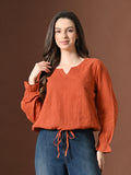 Myshka Women Pure Cotton Top Puffed Full Sleeves Schiffli Pattern Embroidered Tie-up Style | Grocsy