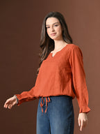 Myshka Women Pure Cotton Top Puffed Full Sleeves Schiffli Pattern Embroidered Tie-up Style | Grocsy