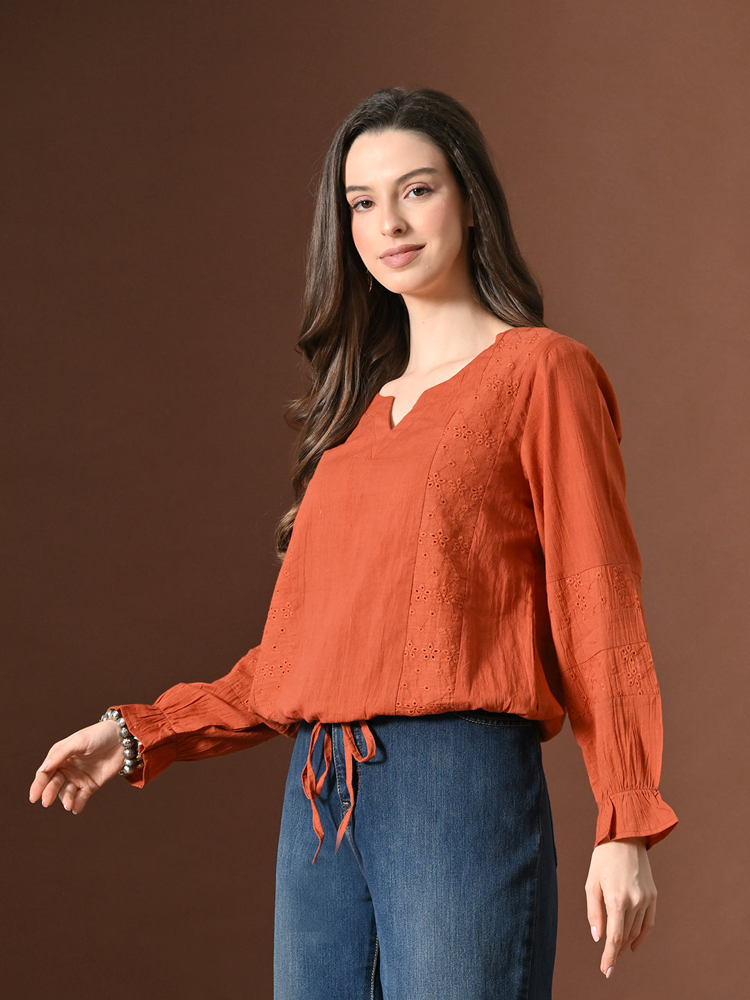 Myshka Women Pure Cotton Top Puffed Full Sleeves Schiffli Pattern Embroidered Tie-up Style | Grocsy