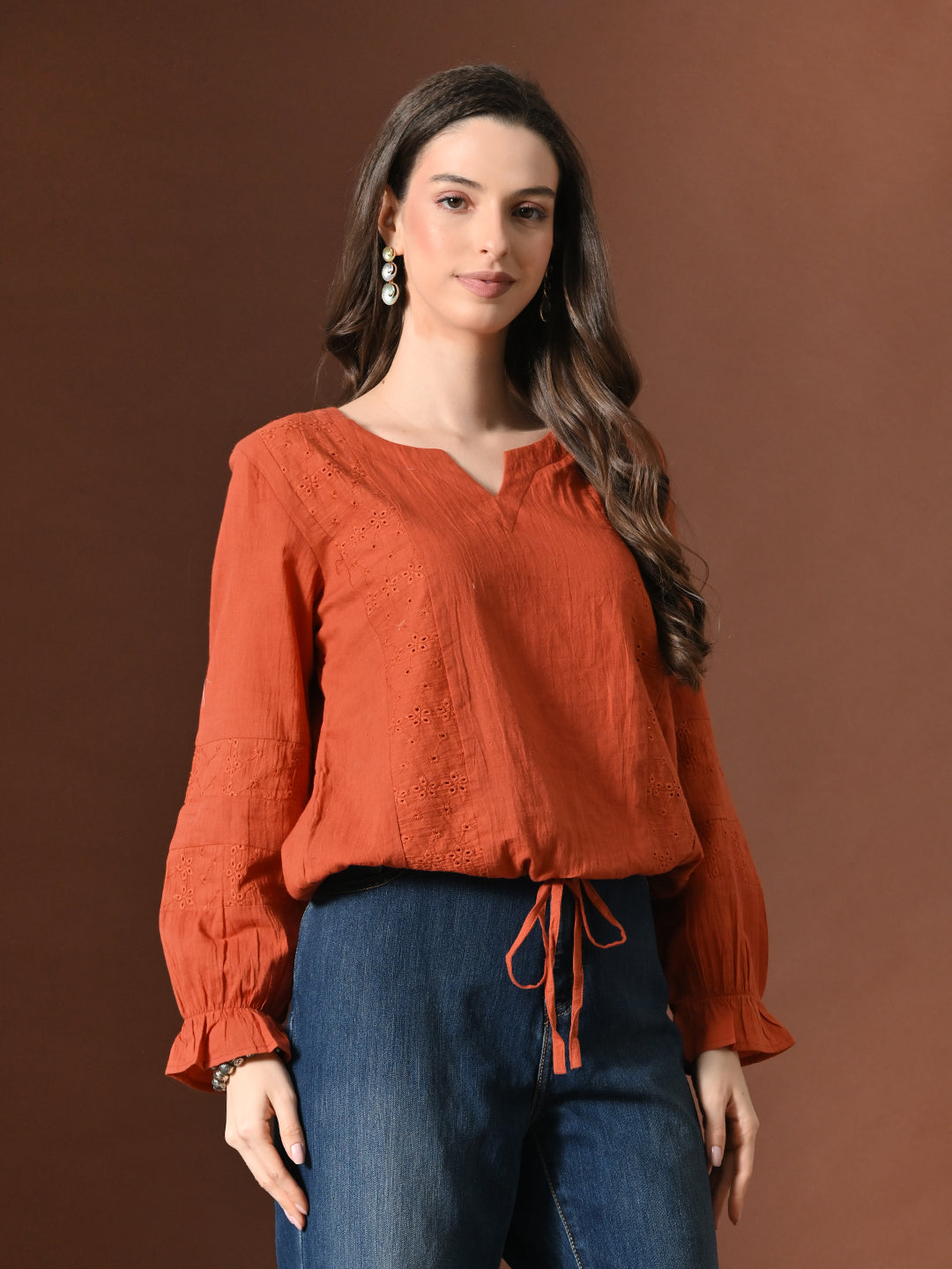 Myshka Women Pure Cotton Top Puffed Full Sleeves Schiffli Pattern Embroidered Tie-up Style | Grocsy