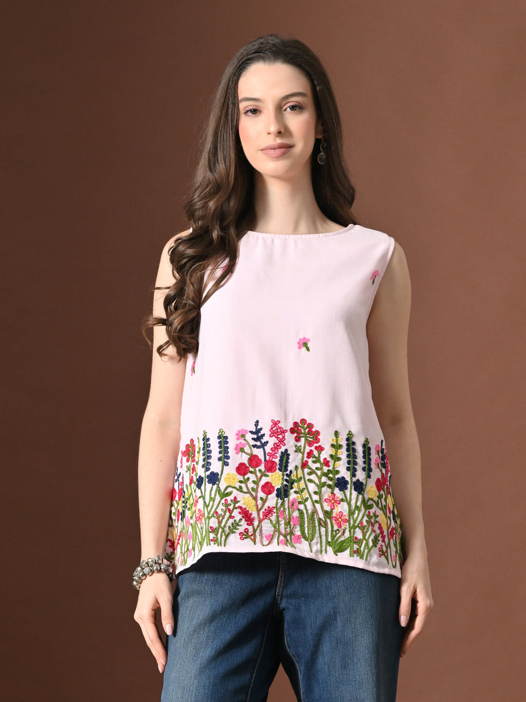 Myshka Women Poly Cotton Sleeveless Multicolor Thread Embroidered Pattern | Grocsy