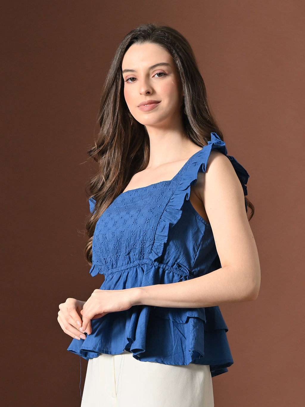 Myshka Women Pure Cotton Top Flared Sleeves Schiffli Pattern Embroidered Layered | Grocsy