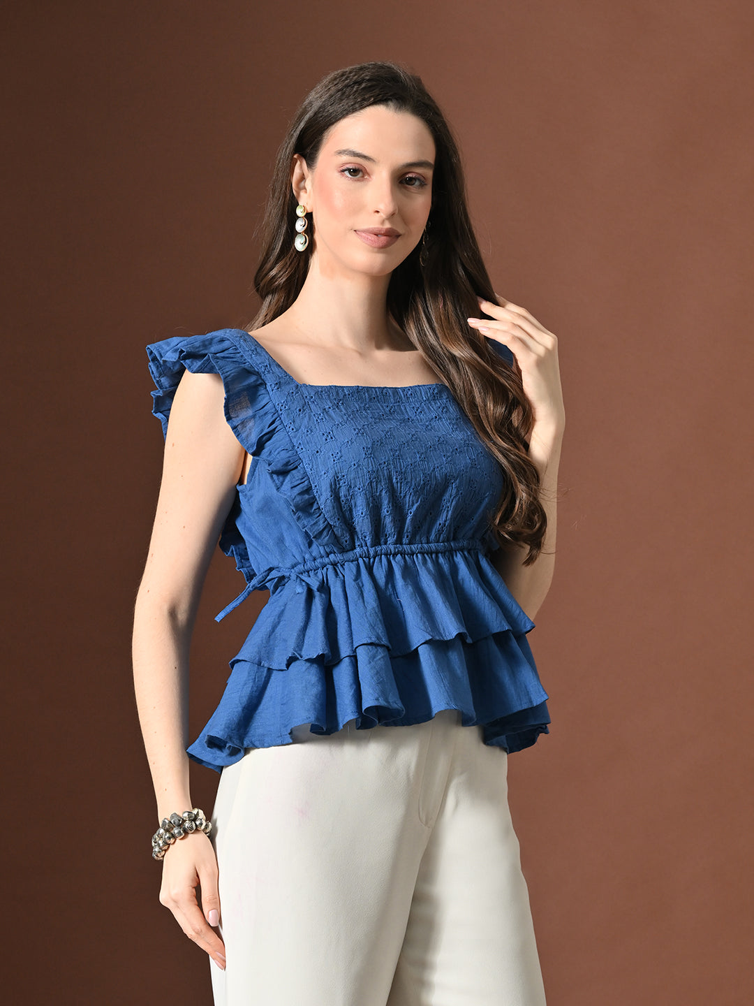 Myshka Women Pure Cotton Top Flared Sleeves Schiffli Pattern Embroidered Layered | Grocsy
