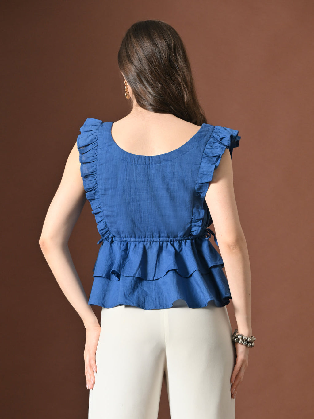 Myshka Women Pure Cotton Top Flared Sleeves Schiffli Pattern Embroidered Layered | Grocsy