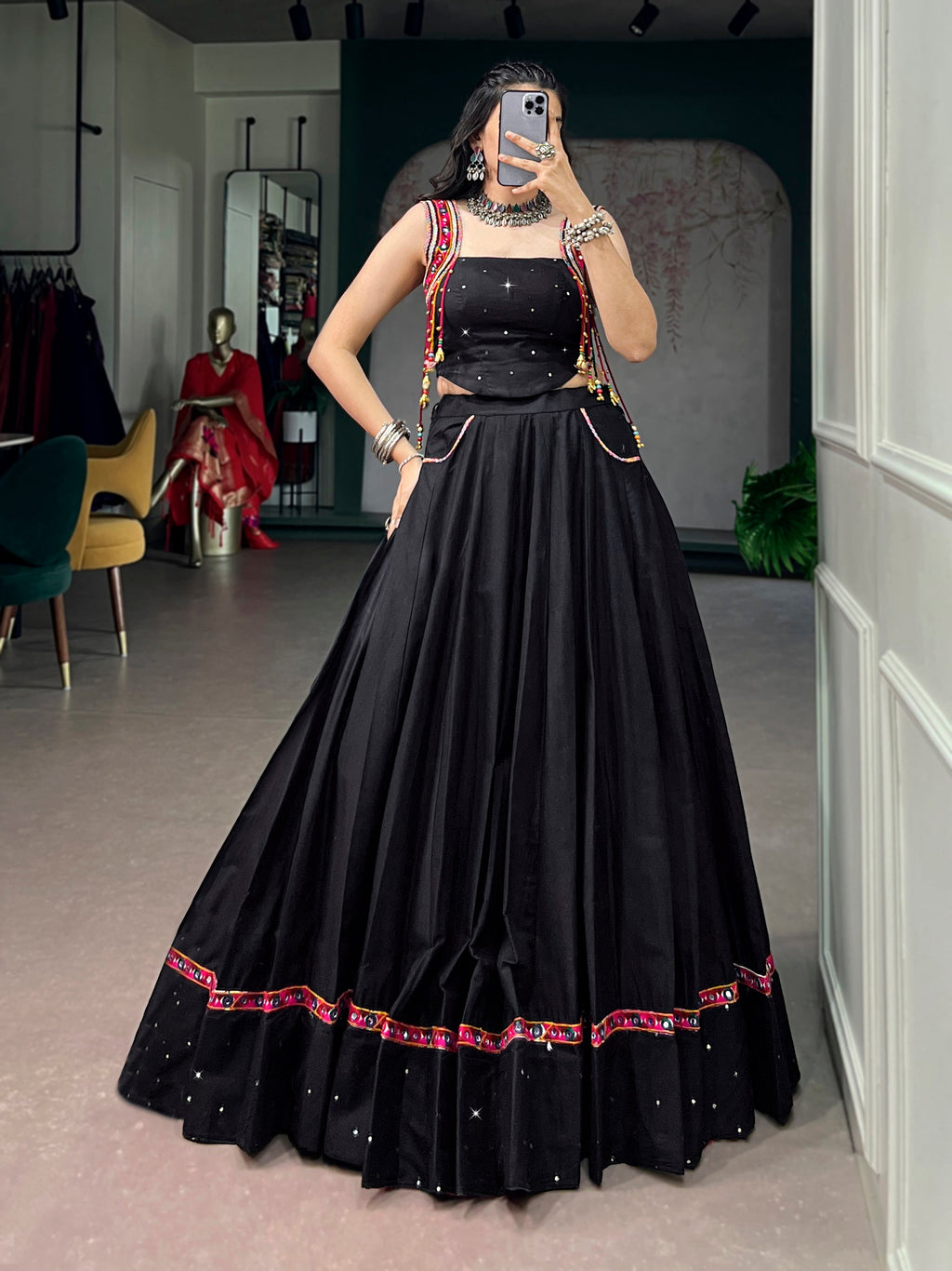 Lorenvalley Fashion Black Cotton With Mirror Work And Kutchi Lace & Multicolor Handmade Tassel Lehenga Choli | Grocsy
