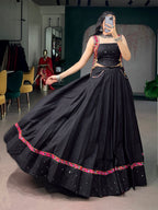 Lorenvalley Fashion Black Cotton With Mirror Work And Kutchi Lace & Multicolor Handmade Tassel Lehenga Choli | Grocsy