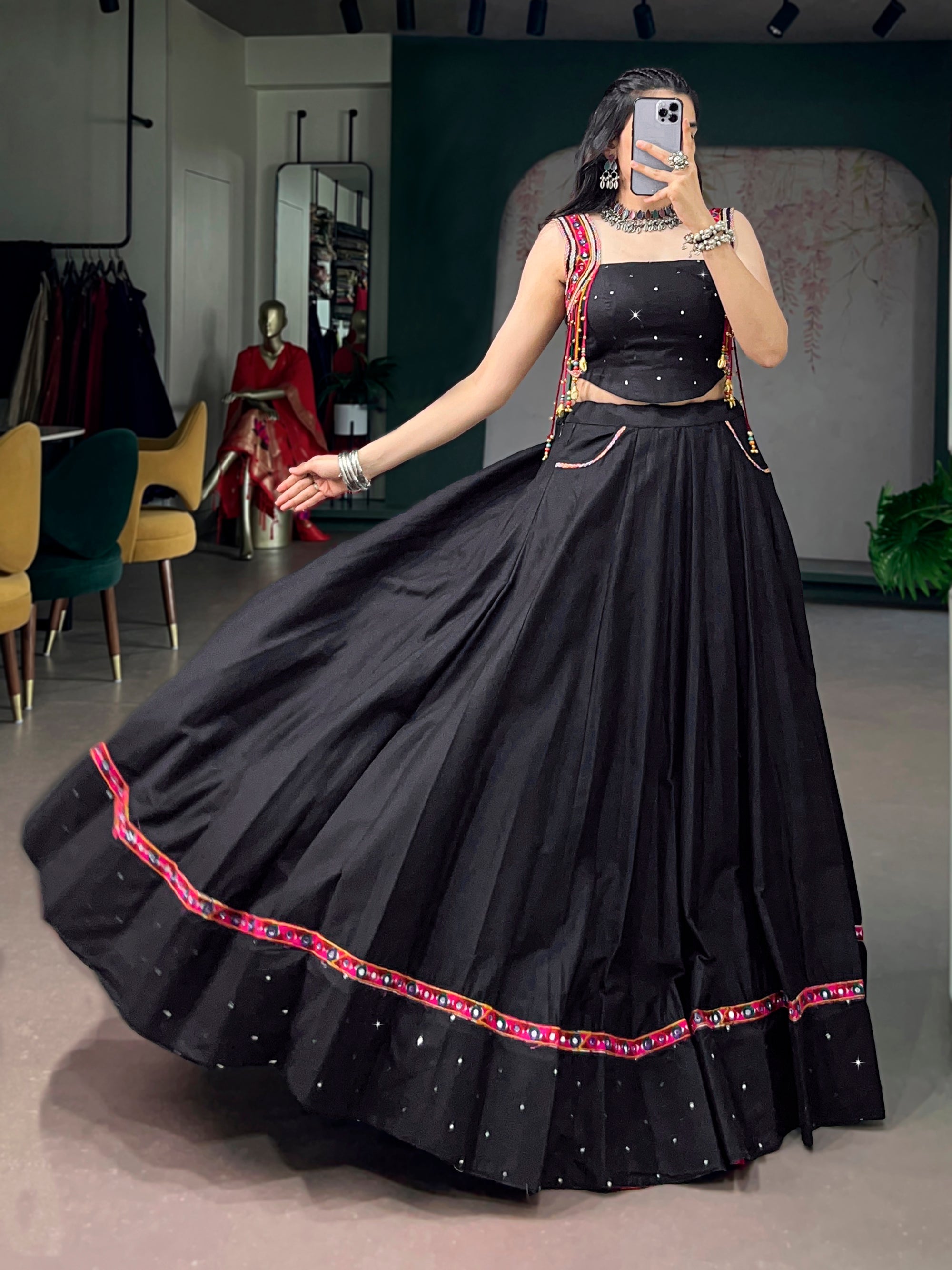 Lorenvalley Fashion Black Cotton With Mirror Work And Kutchi Lace & Multicolor Handmade Tassel Lehenga Choli | Grocsy