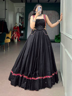 Lorenvalley Fashion Black Cotton With Mirror Work And Kutchi Lace & Multicolor Handmade Tassel Lehenga Choli | Grocsy