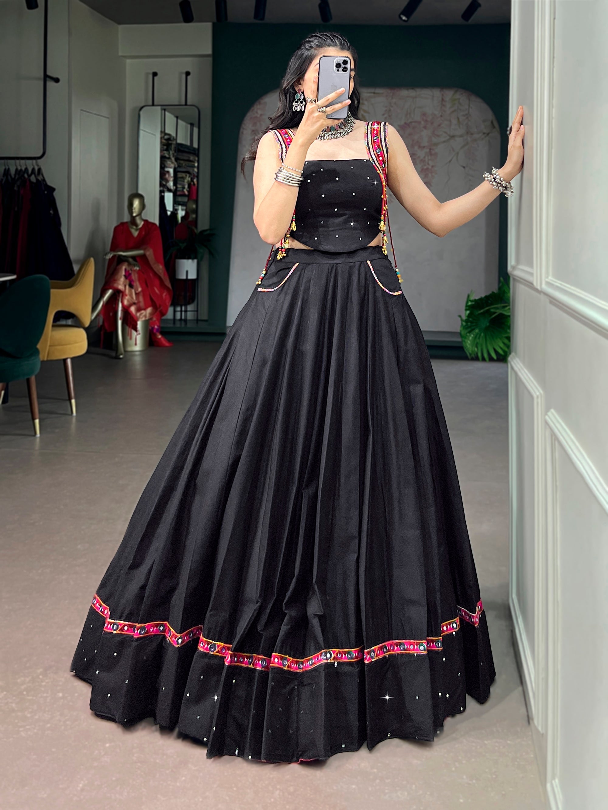 Lorenvalley Fashion Black Cotton With Mirror Work And Kutchi Lace & Multicolor Handmade Tassel Lehenga Choli | Grocsy