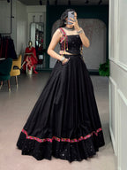 Lorenvalley Fashion Black Cotton With Mirror Work And Kutchi Lace & Multicolor Handmade Tassel Lehenga Choli | Grocsy
