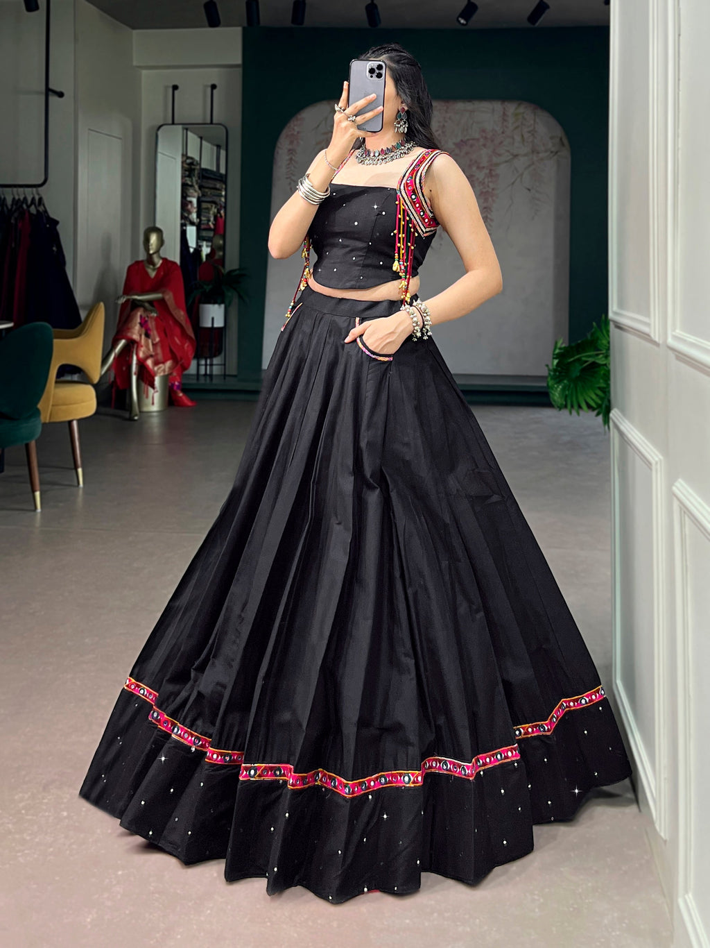 Lorenvalley Fashion Black Cotton With Mirror Work And Kutchi Lace & Multicolor Handmade Tassel Lehenga Choli | Grocsy