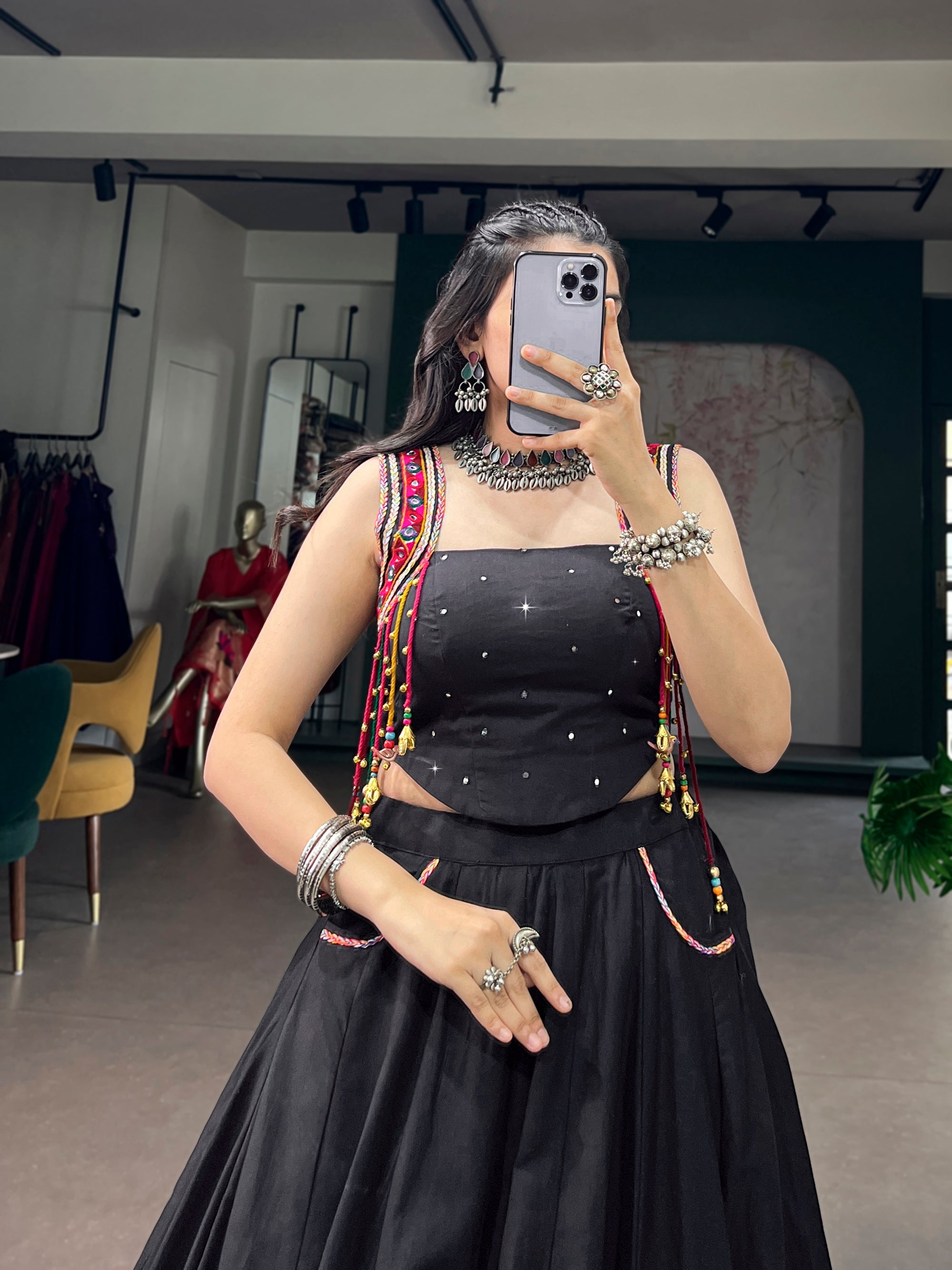 Lorenvalley Fashion Black Cotton With Mirror Work And Kutchi Lace & Multicolor Handmade Tassel Lehenga Choli | Grocsy
