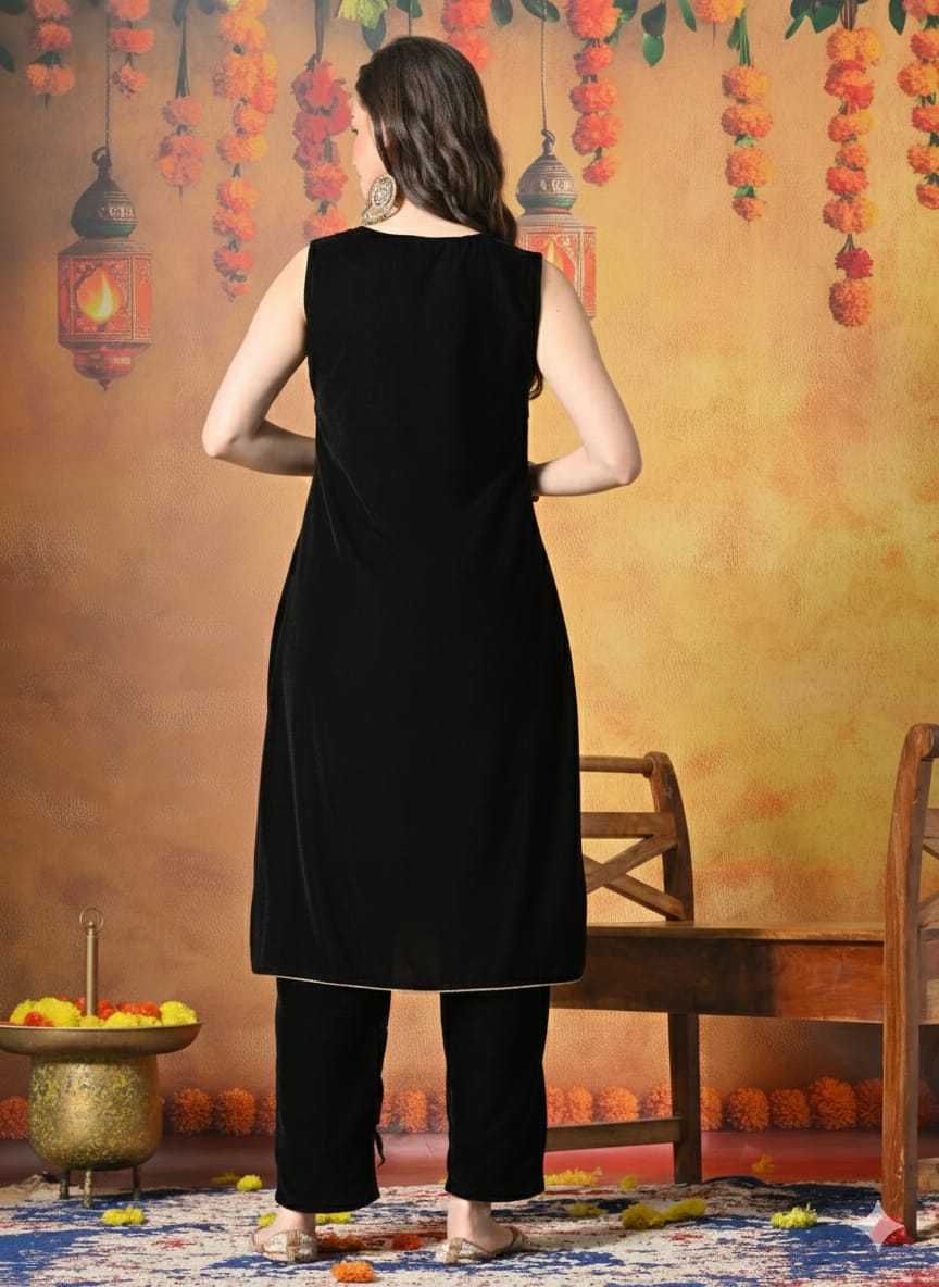 Myshka Women Black Velvet Embroidered Yoke Sleeveless Kurta Set | Grocsy