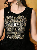 Myshka Women Black Velvet Embroidered Yoke Sleeveless Kurta Set | Grocsy