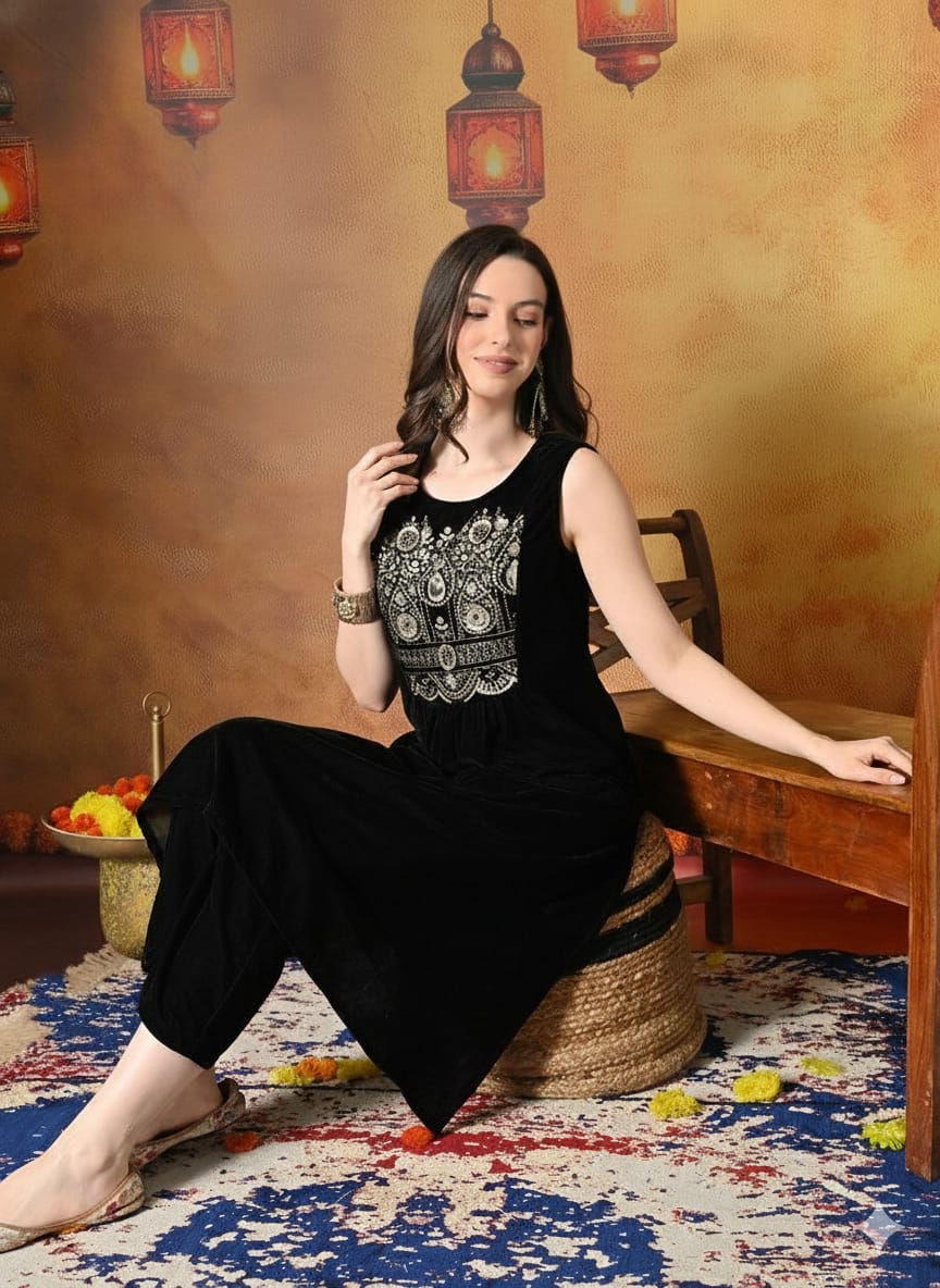 Myshka Women Black Velvet Embroidered Yoke Sleeveless Kurta Set | Grocsy