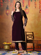 Myshka Women Wine Velvet Embroidered Regular Sleeves Kurta Set | Grocsy