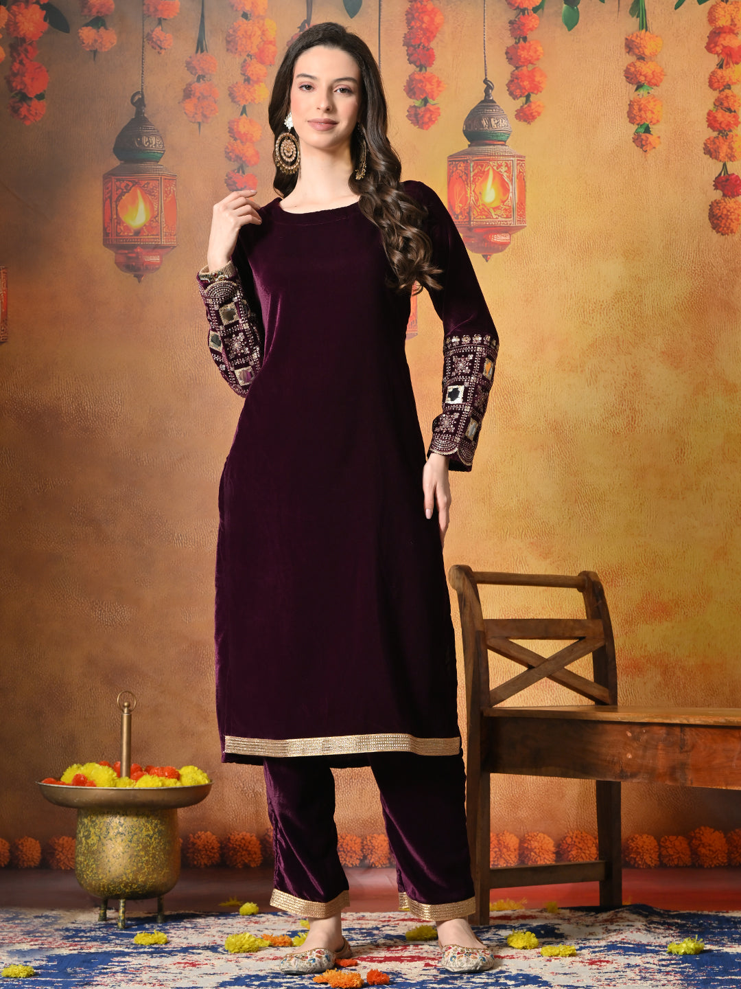 Myshka Women Wine Velvet Embroidered Regular Sleeves Kurta Set | Grocsy