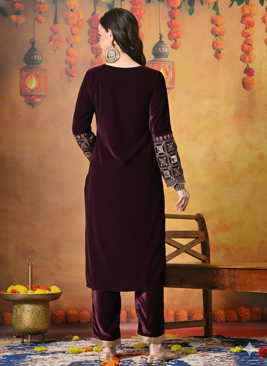 Myshka Women Wine Velvet Embroidered Regular Sleeves Kurta Set | Grocsy