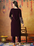 Myshka Women Wine Velvet Embroidered Regular Sleeves Kurta Set | Grocsy
