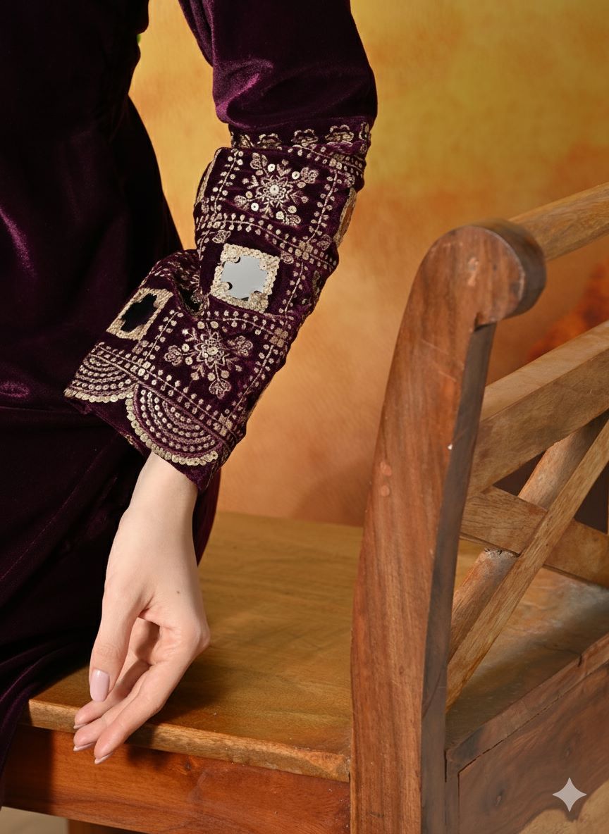 Myshka Women Wine Velvet Embroidered Regular Sleeves Kurta Set | Grocsy