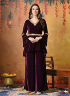 Myshka Women Wine Velvet Flared Sleeves Kurta Set | Grocsy