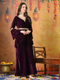 Myshka Women Wine Velvet Flared Sleeves Kurta Set | Grocsy