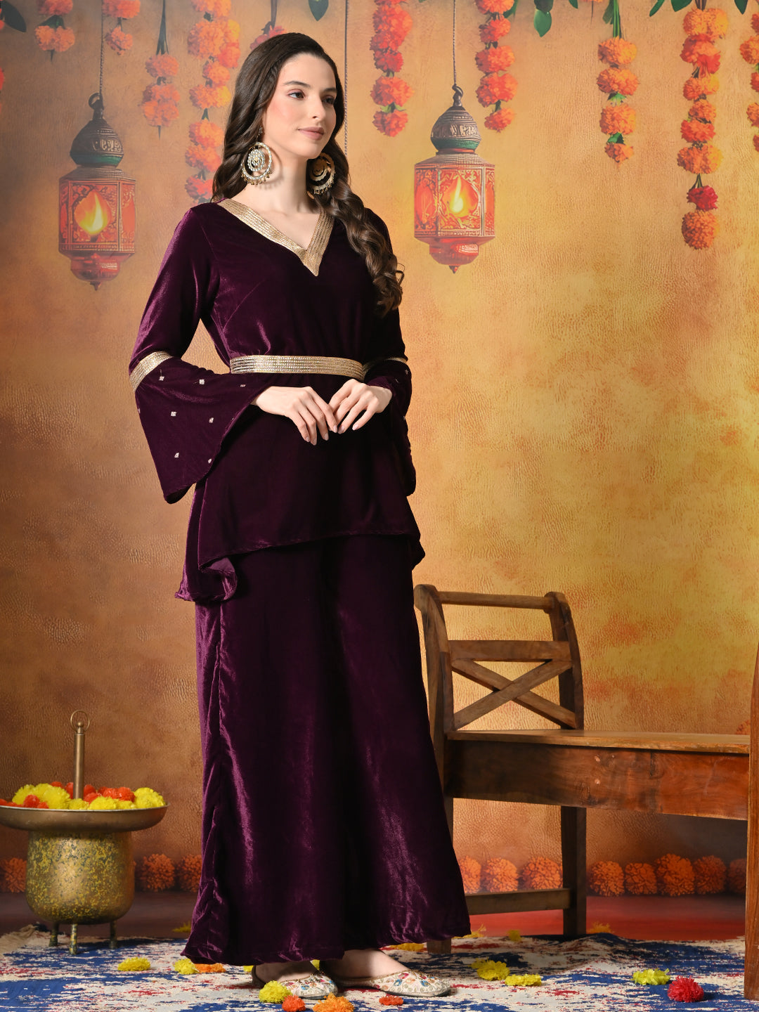 Myshka Women Wine Velvet Flared Sleeves Kurta Set | Grocsy