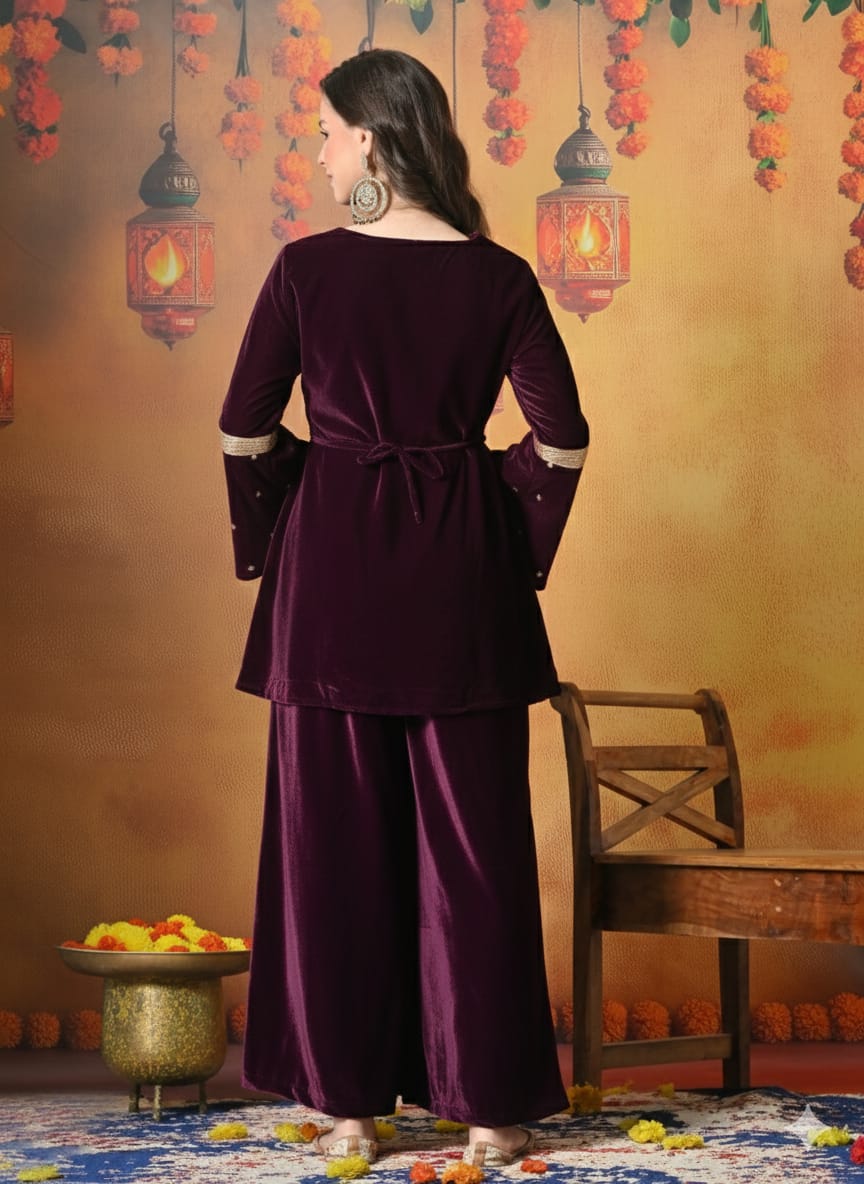 Myshka Women Wine Velvet Flared Sleeves Kurta Set | Grocsy