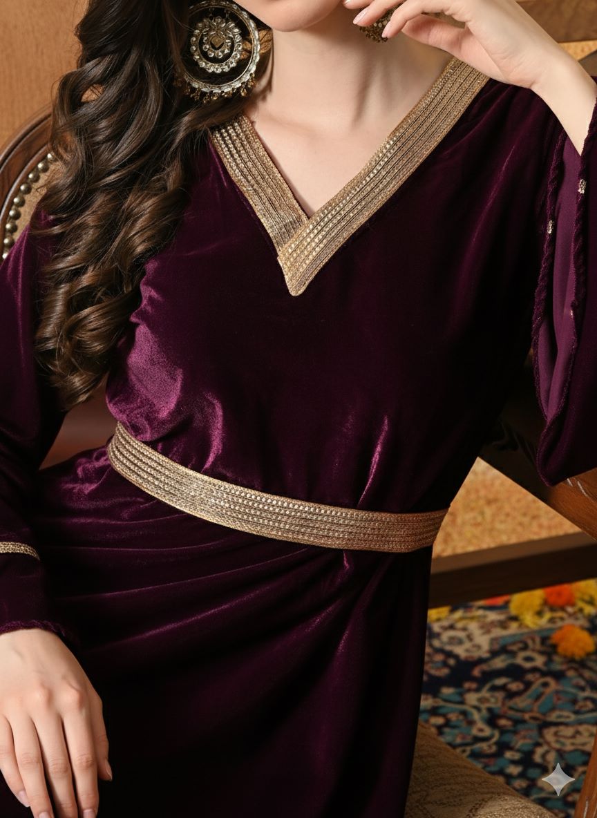 Myshka Women Wine Velvet Flared Sleeves Kurta Set | Grocsy