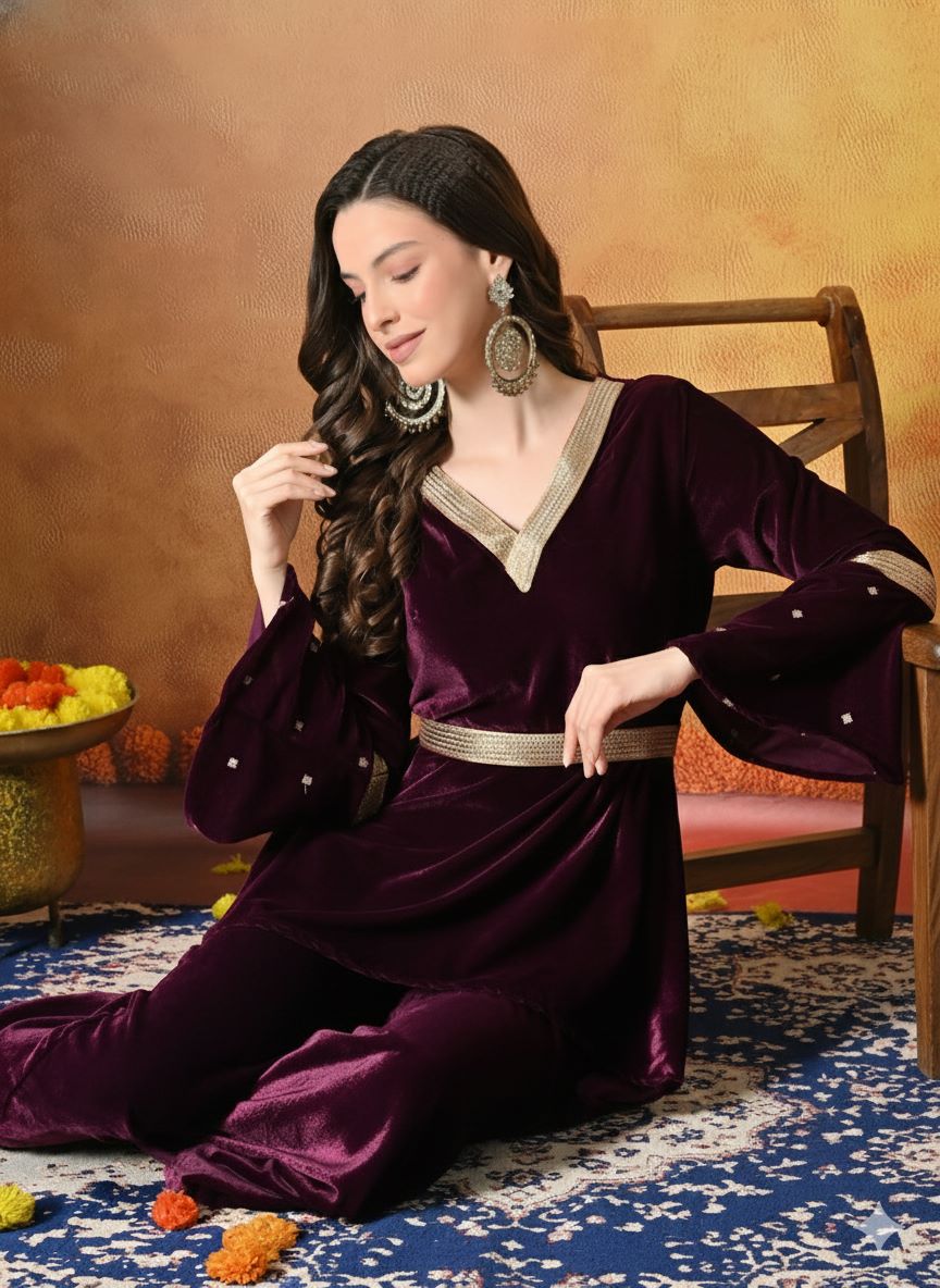 Myshka Women Wine Velvet Flared Sleeves Kurta Set | Grocsy