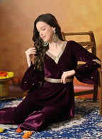 Myshka Women Wine Velvet Flared Sleeves Kurta Set | Grocsy