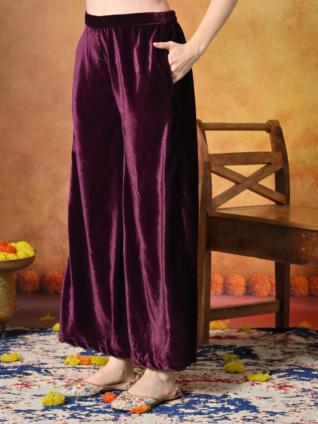 Myshka Women Wine Velvet Flared Sleeves Kurta Set | Grocsy
