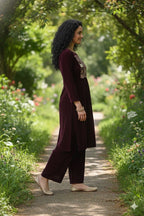 Myshka Women Wine Velvet Embroidered Full Sleeve Kurta With Trouser | Grocsy
