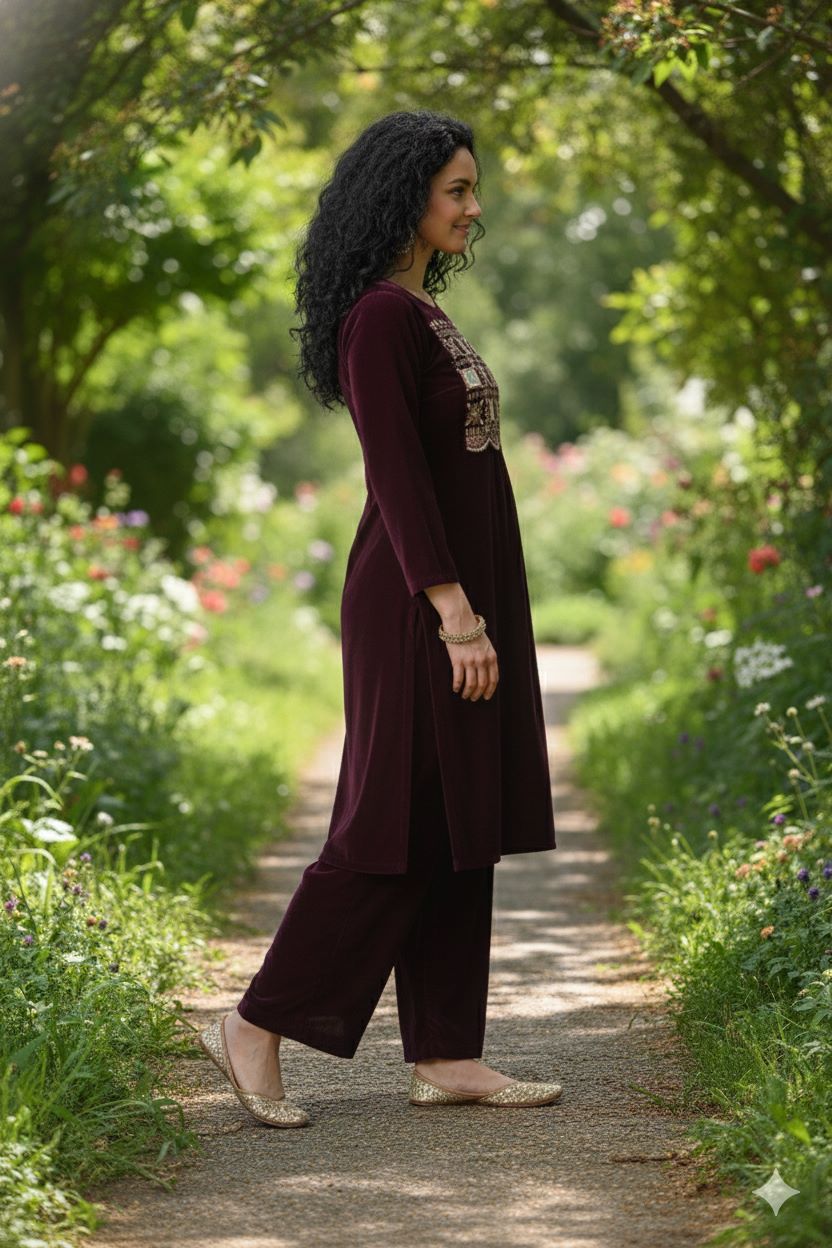 Myshka Women Wine Velvet Embroidered Full Sleeve Kurta With Trouser | Grocsy