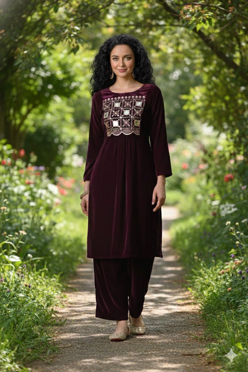 Myshka Women Wine Velvet Embroidered Full Sleeve Kurta With Trouser | Grocsy