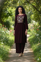 Myshka Women Wine Velvet Embroidered Full Sleeve Kurta With Trouser | Grocsy