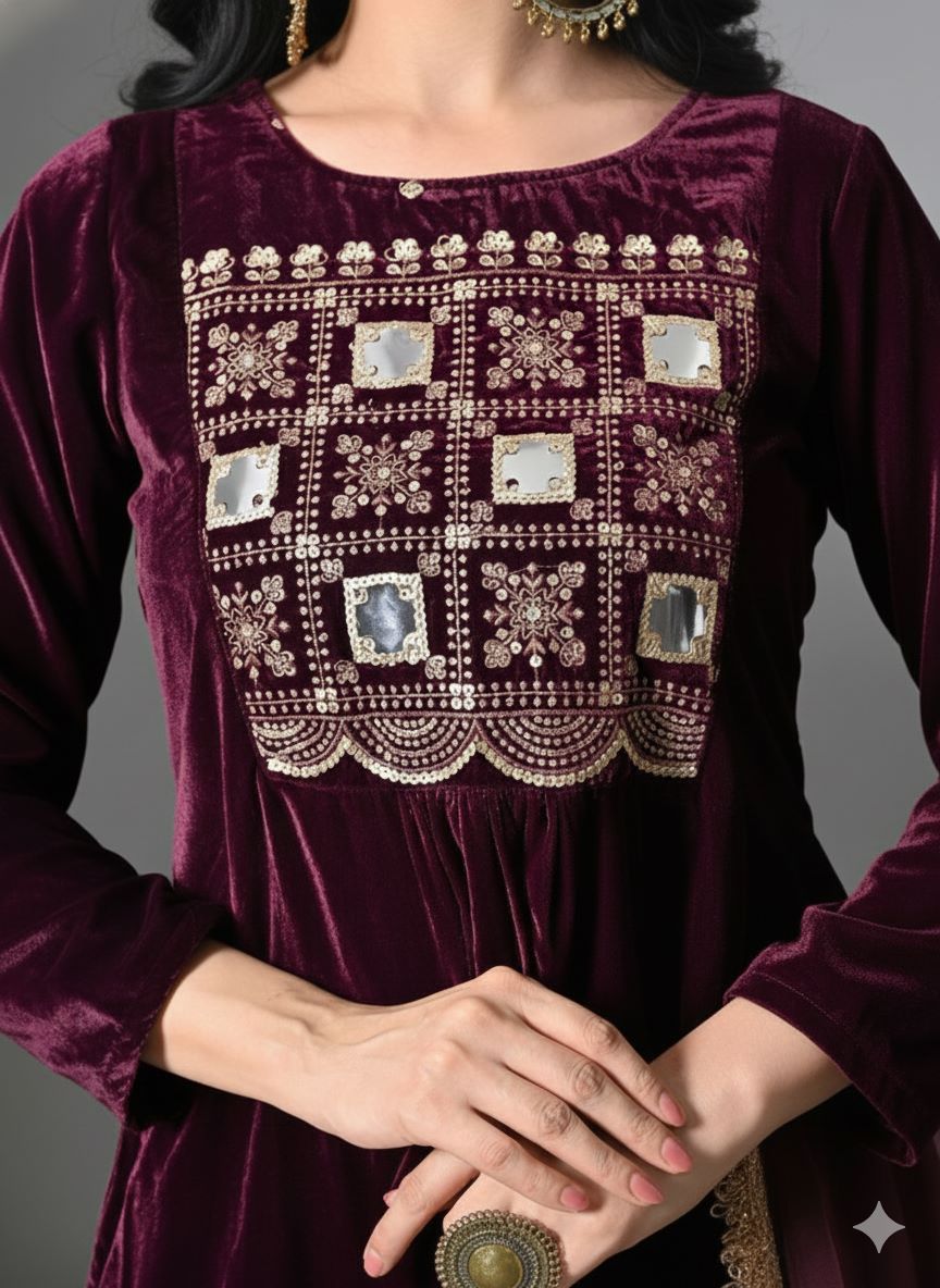 Myshka Women Wine Velvet Embroidered Full Sleeve Kurta With Trouser | Grocsy