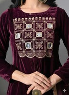 Myshka Women Wine Velvet Embroidered Full Sleeve Kurta With Trouser | Grocsy