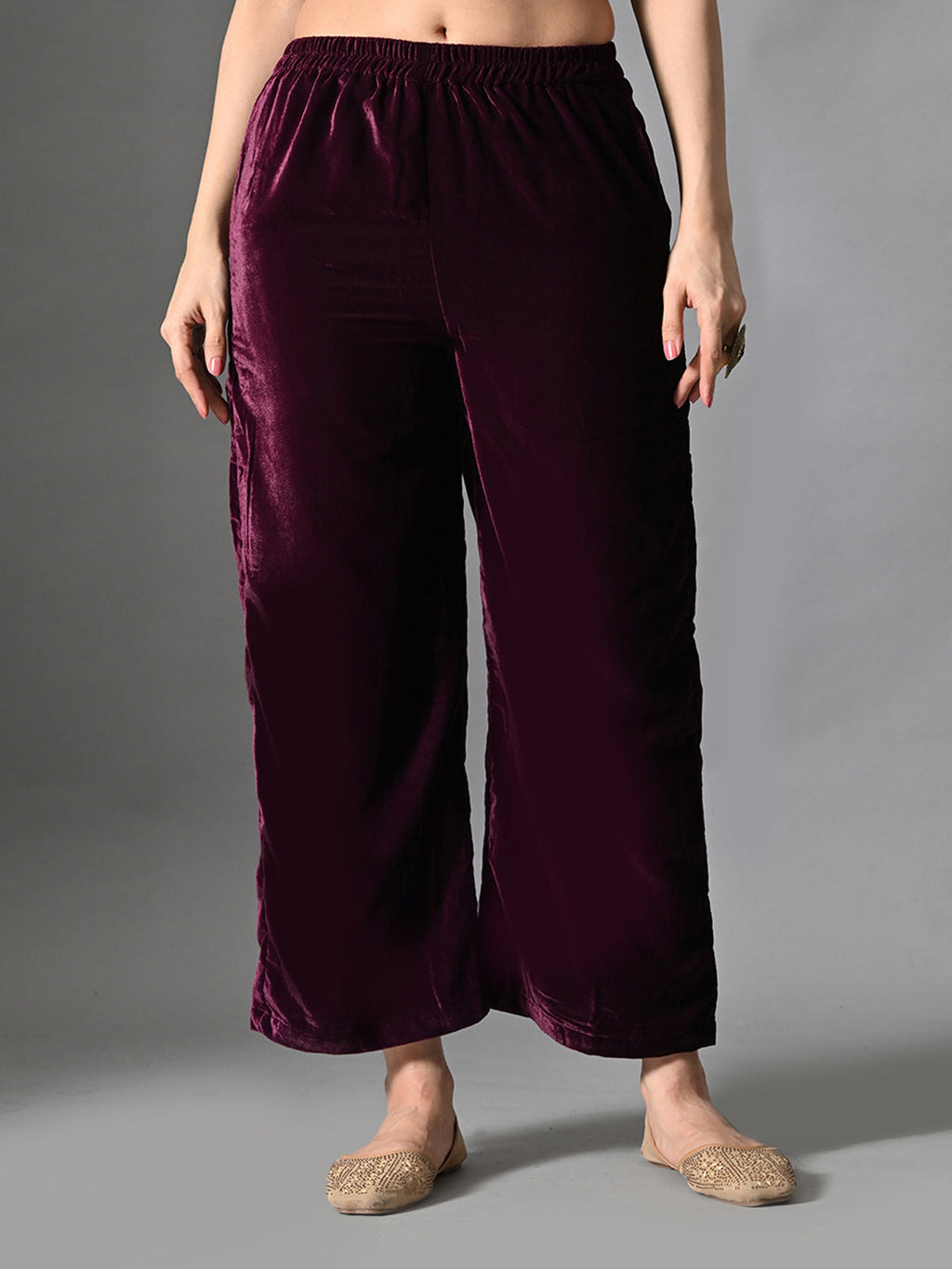 Myshka Women Wine Velvet Embroidered Full Sleeve Kurta With Trouser | Grocsy